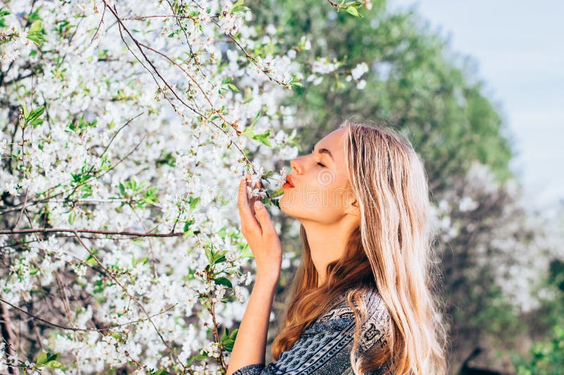 Kissing The Flower In Bloom Portrait of Kissing a Flower Young Girl in Cherry Garden Stock Image