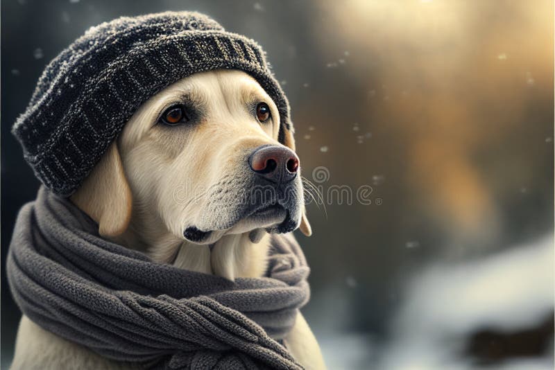 Portrait of a Labrador Dog in a Hat and Scarf. AI Generated Stock Photo