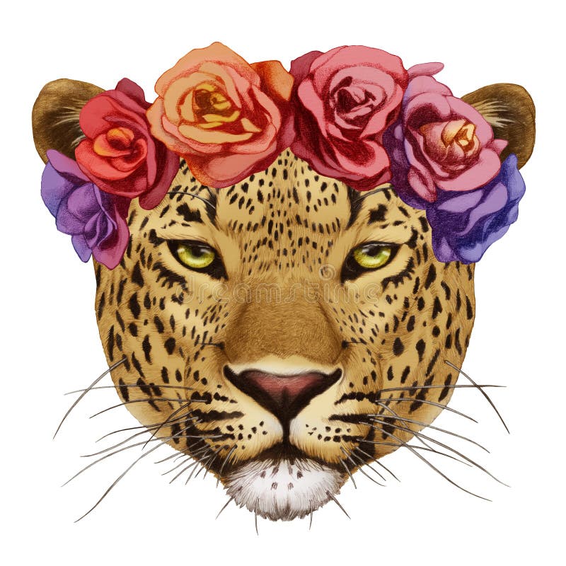 Portrait of Leopard with floral head wreath.