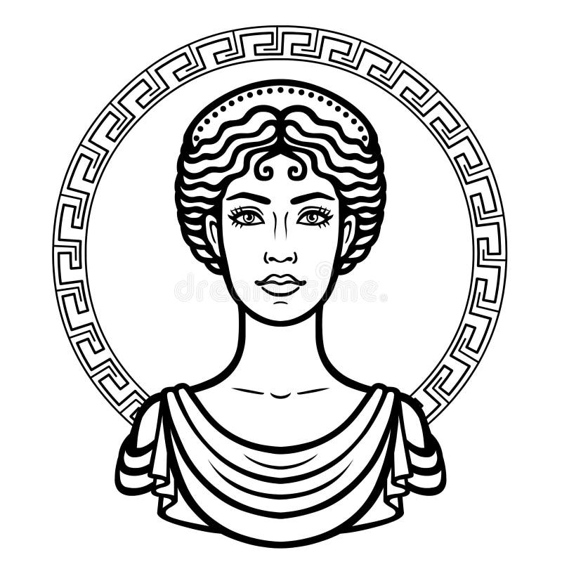 Portrait linéaire de la jeune femme grecque avec une coiffure traditionnelle Cercle décoratif illustration libre de droits Portrait linéaire de la jeune femme grecque avec une coiffure traditionnelle Cercle décoratif illustration libre de droits