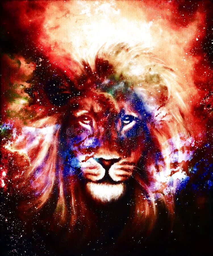 Portrait lion in cosmic space. Eye contact.