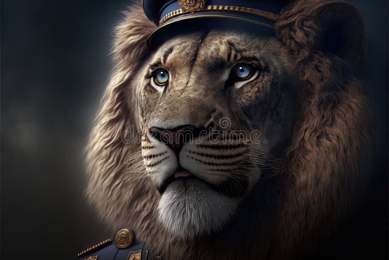 Lion Dressed in Military Uniform Animal Portrait Dressed 