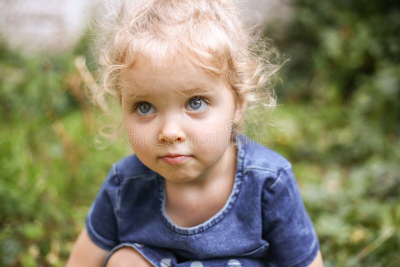 Portrait of a Little Beautiful European Girl with Curly Blonde Hair and  Blue Eyes of 3 To 4 Years in a Classic Blue Color Dress, Stock Image -  Image of classic, daughter: 168668813
