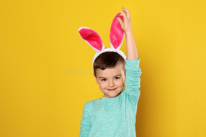 Portrait of Little Boy in Easter Bunny Ears Headband Stock Photo ...