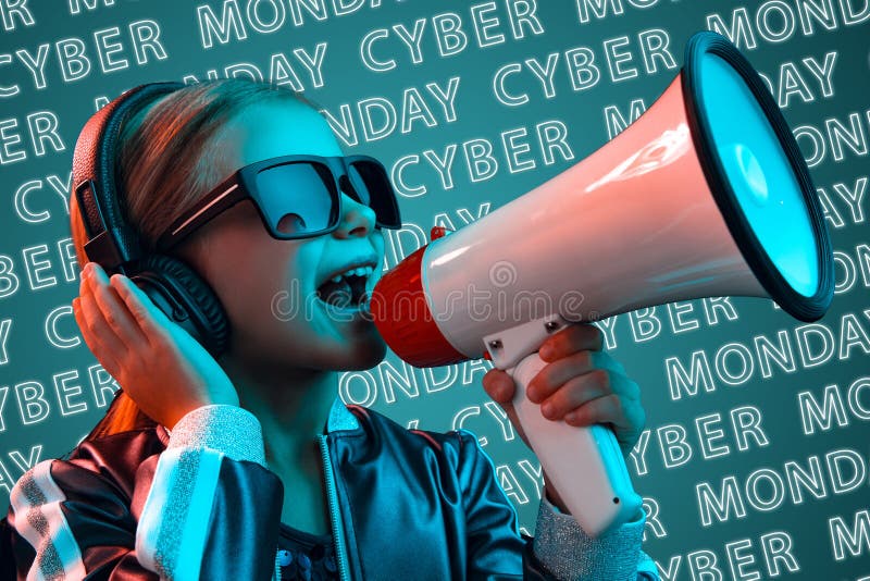 Portrait of little girl on blue background, black friday