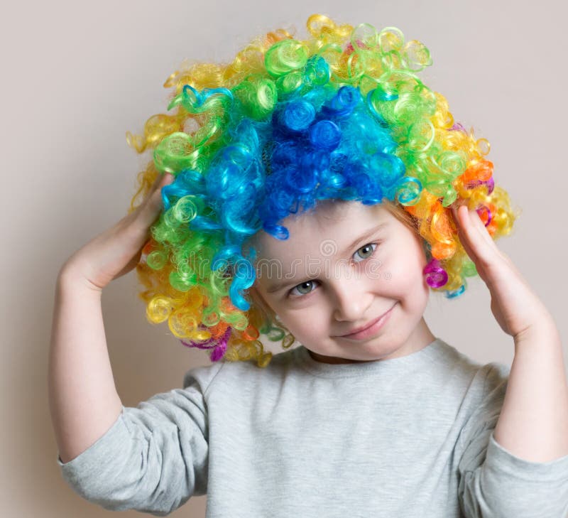 Portrait of Little Girl in Colourful Wig Stock Photo - Image of happy ...