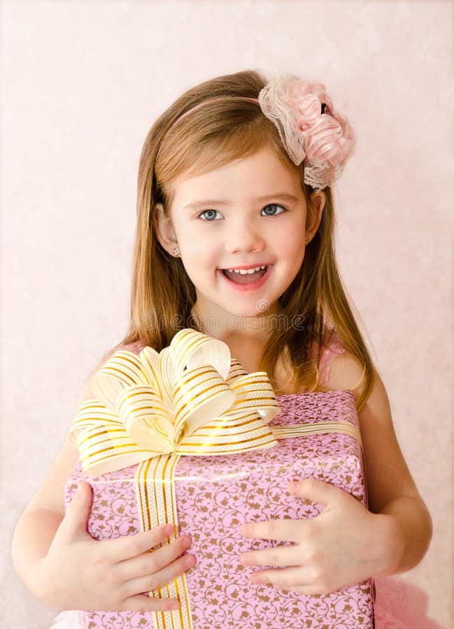 Portrait of Little Girl with Gift Box Stock Image Image of birthday