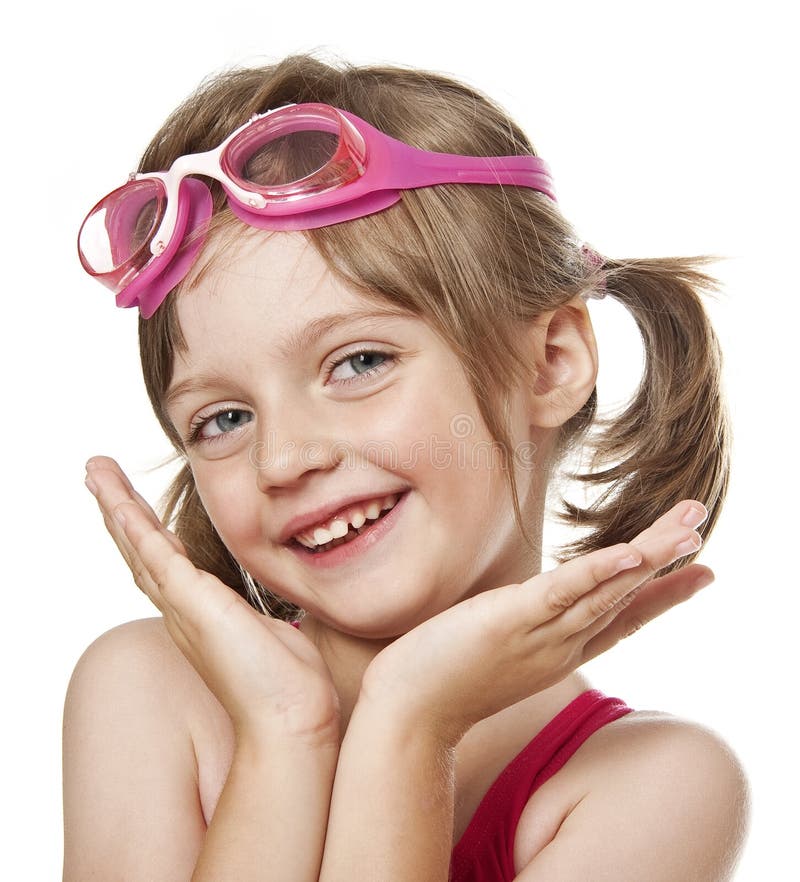 Portrait of little girl with pink swim glasses