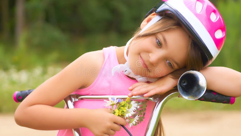 Portrait of a little girl in a protective helmet controls her bike and holds a bouquet of daisies. stock images Portrait of a little girl in a protective helmet controls her bike and holds a bouquet of daisies. stock images