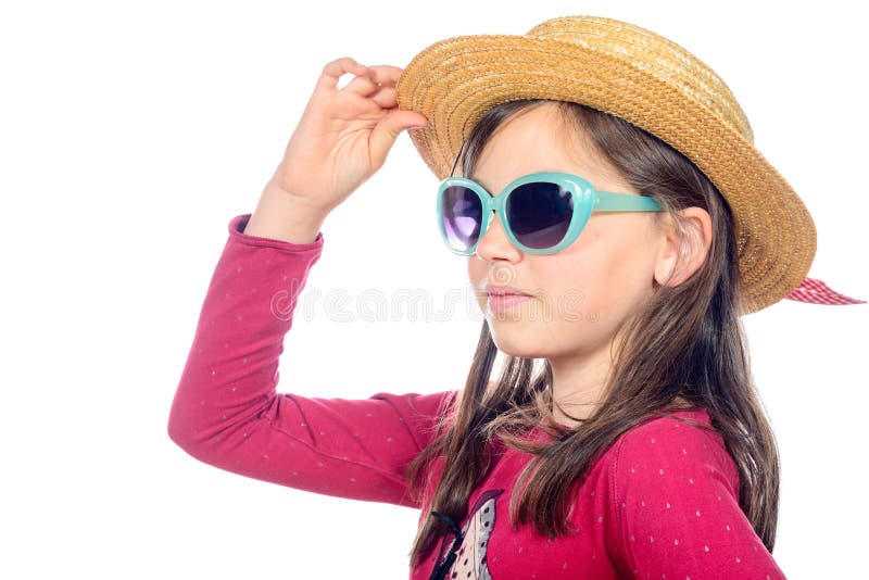 Portrait of a Little Girl with Sunglasses and Hat Stock Image - Image ...