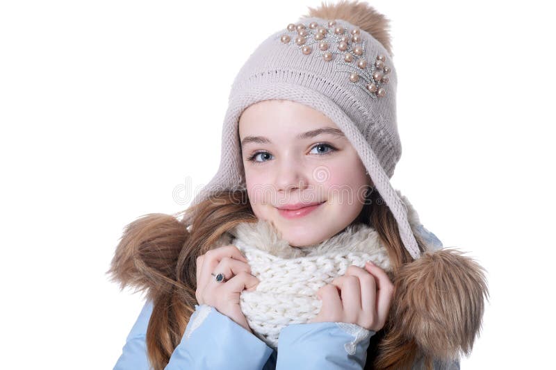 Portrait of a Little Girl in Warm Clothes on White Background Stock ...