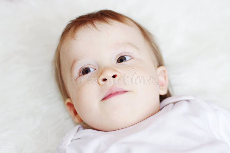 Portrait Of Lovely Baby Lying On White Bed Stock Image Image Of Tiny