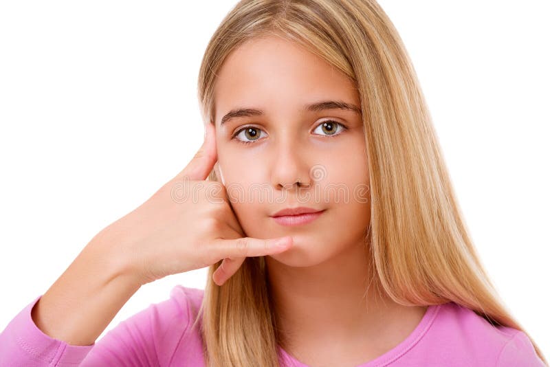 Portrait of lovely young girl taking a call me gesture.Isolated