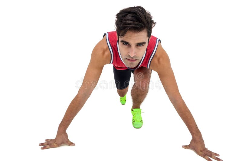 Portrait of Male Athlete in Ready To Run Position Stock Photo Image