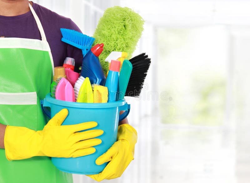 Portrait of man with cleaning equipment thumbs up