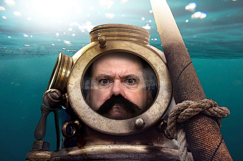 Portrait of man in old diving suit and helmet under water. stock images Portrait of man in old diving suit and helmet under water. stock images