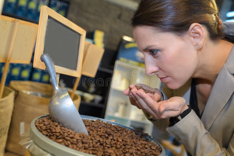 Portrait master coffee smelling aromatic coffee beans