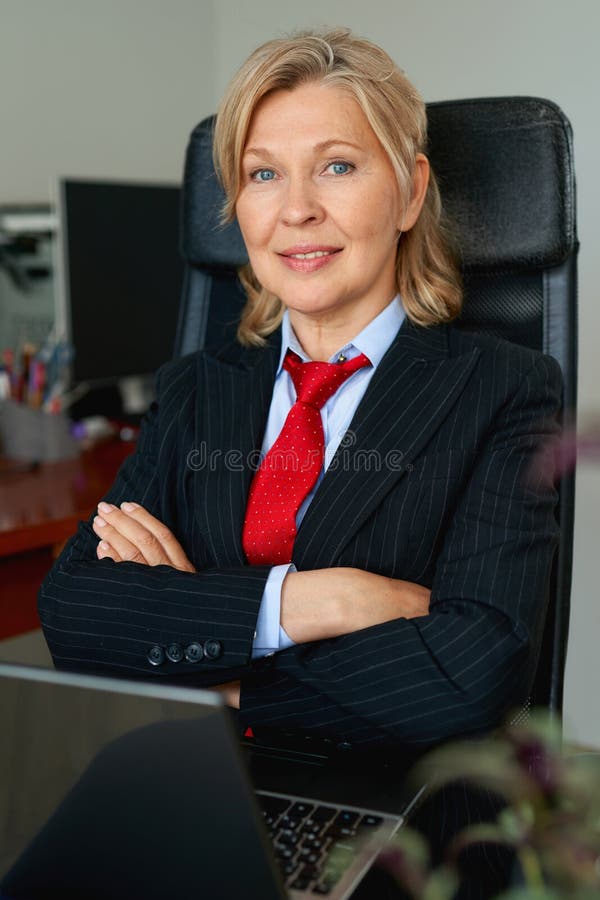 Portrait of Mature Boss Woman in Red Tie at Office Stock - Image of busines, european: 181104106