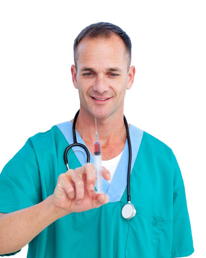 Portrait of a mature doctor holding a syringe