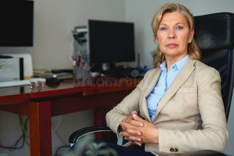 Portrait Mature Female Boss Working in Office Stock Image of leader, modern: