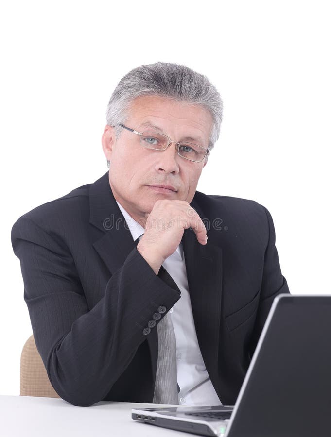 Gray-haired business man smiling isolated on white background.