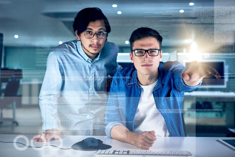 Portrait, men and coding overlay at night for data developing, software programmer and digital interface. People, it and royalty free stock photos