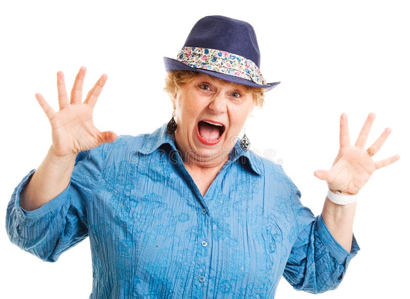 Portrait of a middle aged woman screaming in fear. Isolated on white. Portrait of a middle aged woman screaming in fear. Isolated on white.
