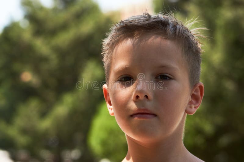 Portrait mignon de petit garçon en parc avec les arbres verts sur le backgro image stock Portrait mignon de petit garçon en parc avec les arbres verts sur le backgro image stock