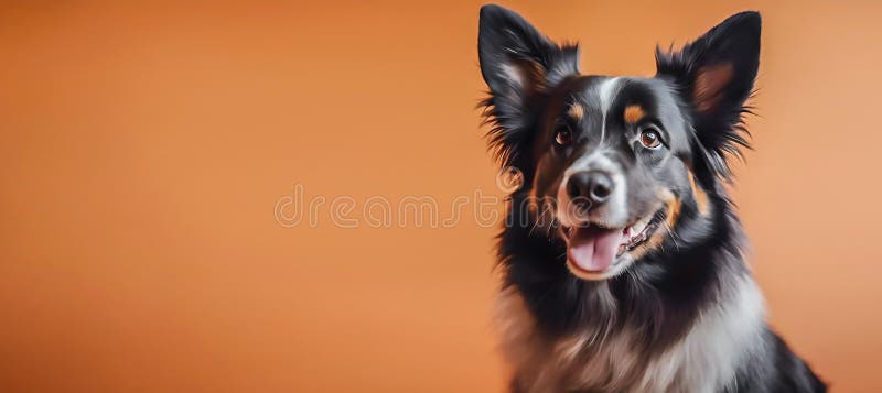 Portrait of miniature american shepherd dog looking at the camera on an orange background, generative ai