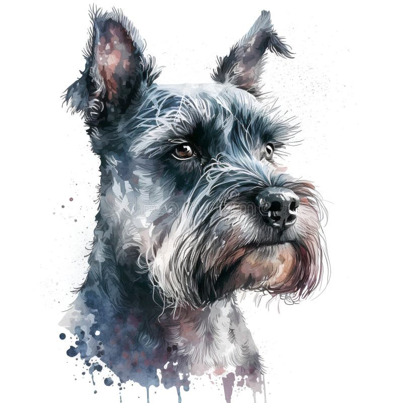 Portrait of a Miniature Schnauzer Dog. Digital Watercolor Painting