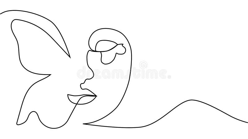 abstract face with butterfly one line drawing. Portret minimalistic style