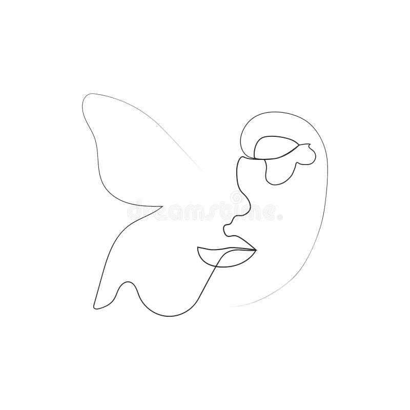 abstract face with butterfly one line drawing. Portret minimalistic style