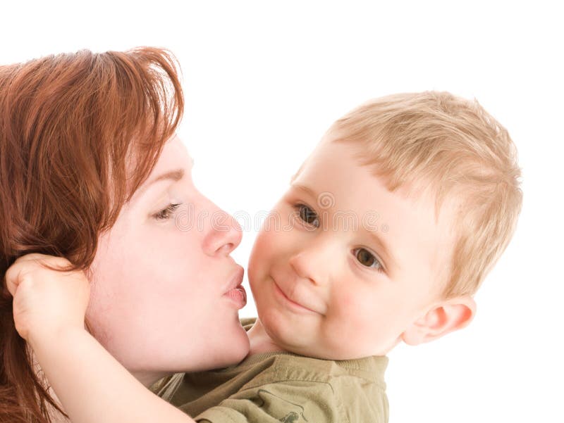 Portrait Of Mother Kissing Her Son Stock