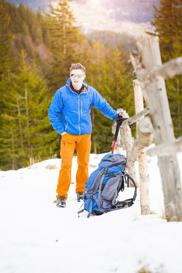 Portrait of a mountaineer with a backpack. royalty free stock image Portrait of a mountaineer with a backpack. royalty free stock image