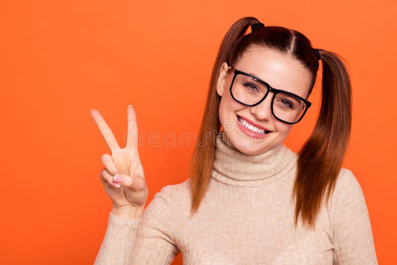 Portrait nice charming candid youth millennial content chilsdish trendy make v-sign toothy make v-sign excited enjoy royalty free stock image