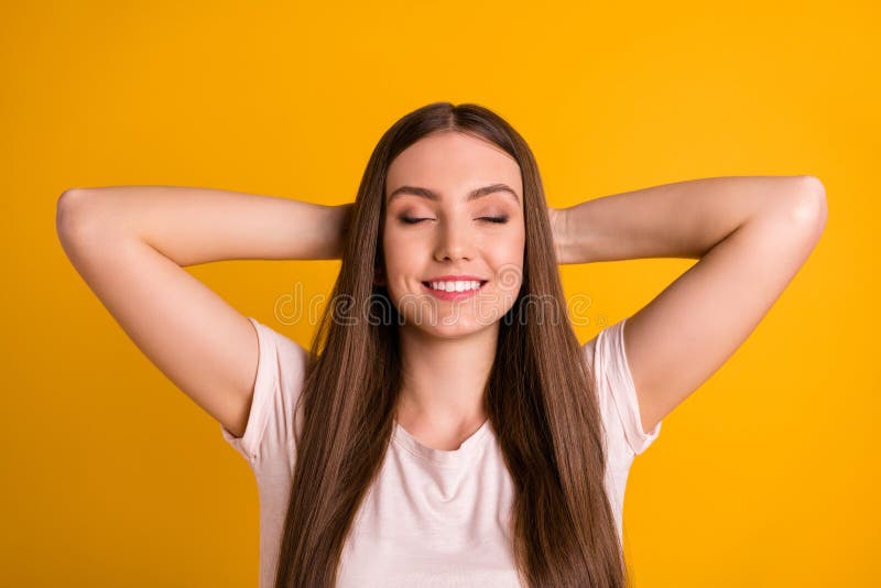 Portrait nice cute lady people person have hands arms head close eyes thoughts idea pleased enjoy free time content stock image