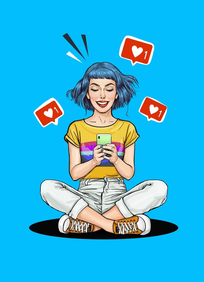 Portrait of nice cute smiling pretty girl addicted from social media sitting hold cellphone read notification