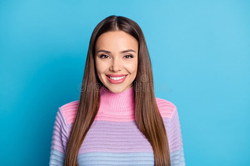 Portrait of Nice Girl Look Good in Camera Toothy Smile Wear Pullover