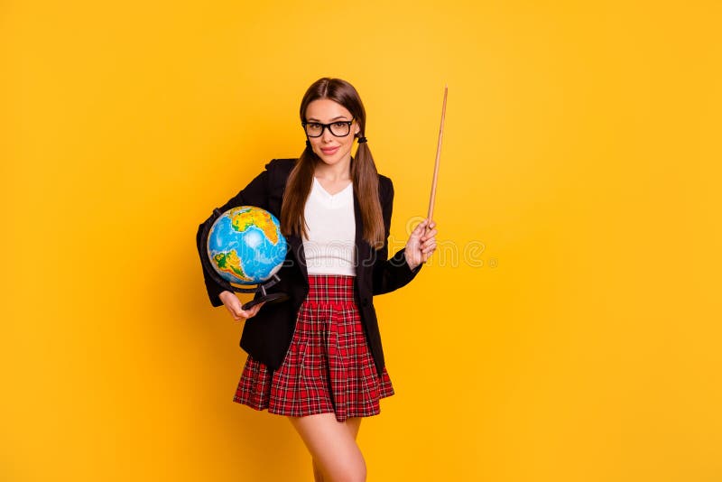 Portrait nice lady expert hold hand campus graduate eyewear eyeglasses pigtail ponytail red skirt earth planet subject stock photos