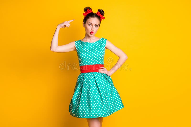 Portrait of Nice Lovely Amazed Stunned Girl Wearing Teal Dotted Dress ...