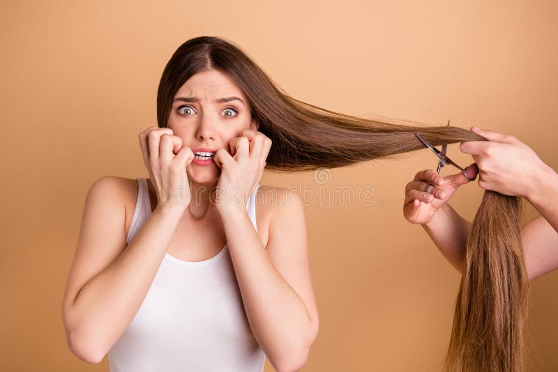 Portrait nice pretty lovely attractive charming lady have treatment medical salon hold hand unruly hair disappointed stock photos