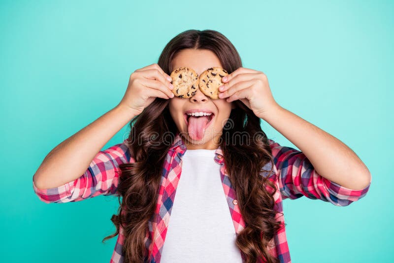 Portrait nice pretty lovely girl hold hand confectionery bakery muffin calories diet make faces enjoy free time weekend royalty free stock photography