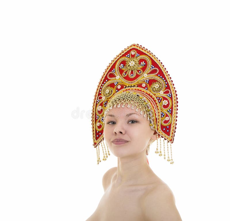 Free Bare Nudist - Portrait of Nude Smiling Girl in a Kokoshnik Headdress on a White  Background. Stock Image - Image of young, white: 113335615