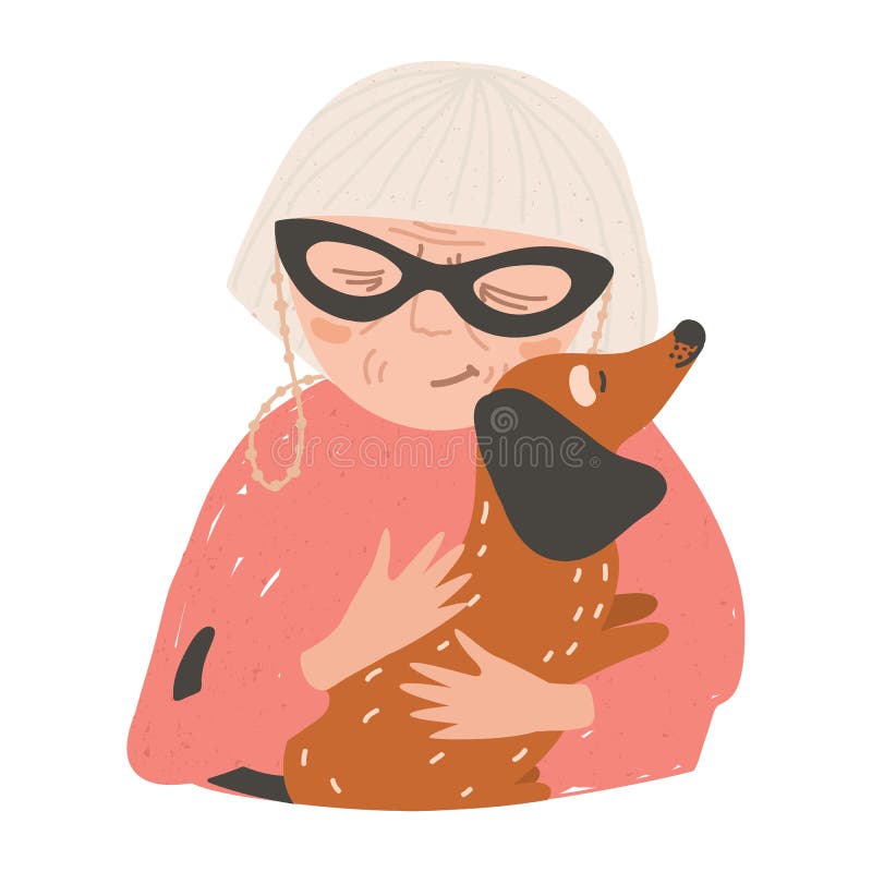 Portrait of Old Lady or Woman Holding His Dachshund Dog and Hugging.  Beautiful Female Cartoon Character Embracing Stock Vector - Illustration of  graphic, adult: 120475292