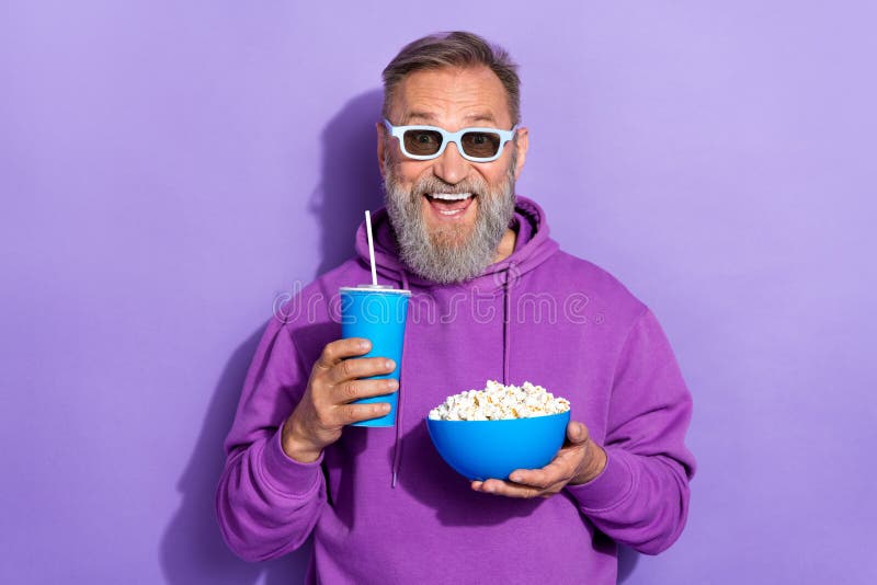 Portrait of old positive cheerful man wear purple hoodie 3d glasses unbelievable unexpected plot twist isolated on stock photography