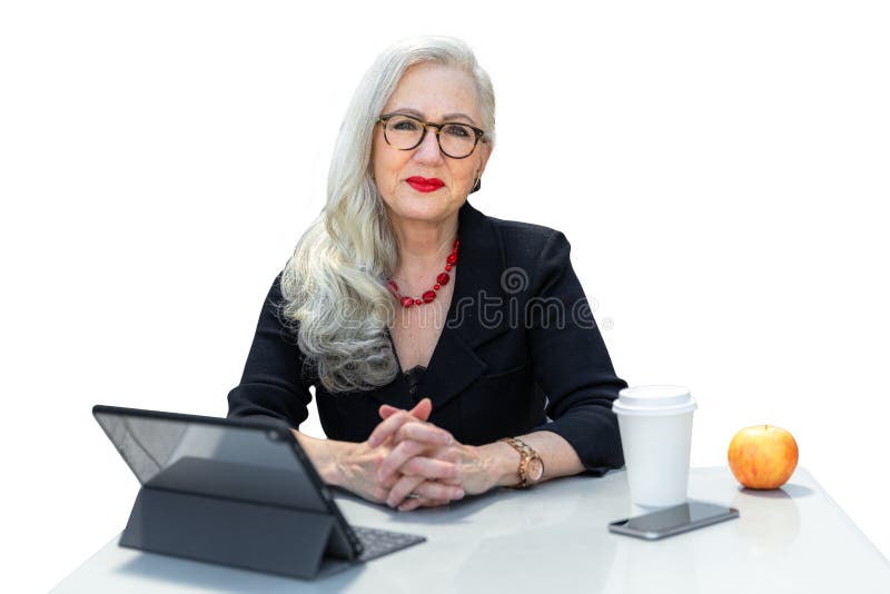 Portrait of an older senior business woman, executive, possibly lawyer, attorney, bank, financial executive, isolated on white bac