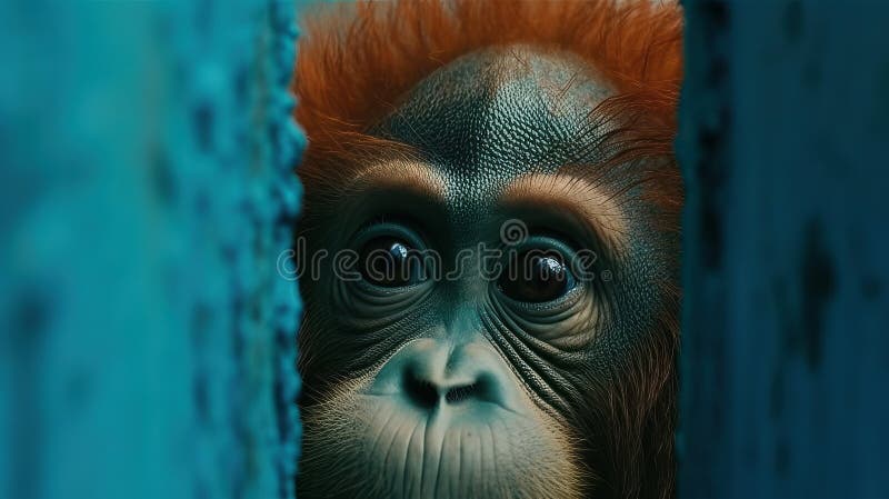 A Portrait of an orangutan monkey hiding behind blue. Generative ai stock photo