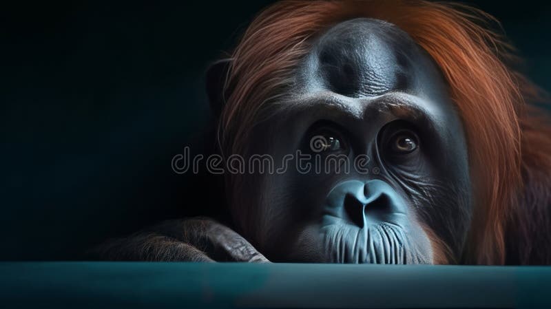 A Portrait of an orangutan monkey hiding behind blue. Generative ai stock images