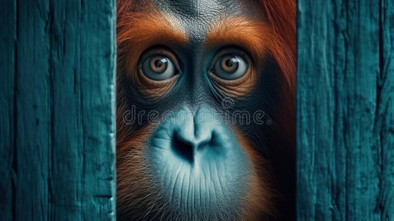 A Portrait of an orangutan monkey hiding behind blue. Generative ai royalty free stock photo