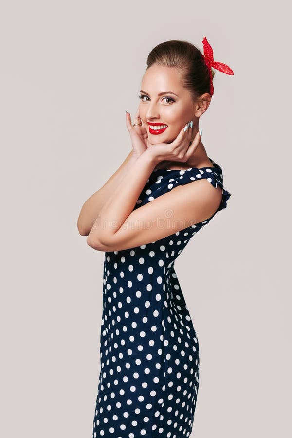 Portrait Of Pin Up Woman In Polka Dot Dress Stock Image Image Of